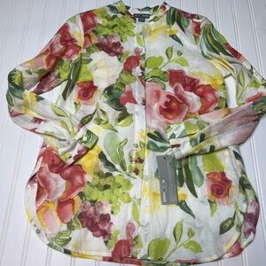 Go Silk Linen Tunic Button Up Floral Shirt Resortwear Top Petite PP NEW. 249